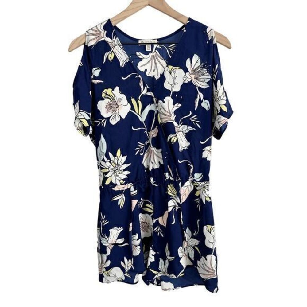Lila Rose Floral Print Cold Shoulder Short Sleeve Romper‎ Blue Size 2